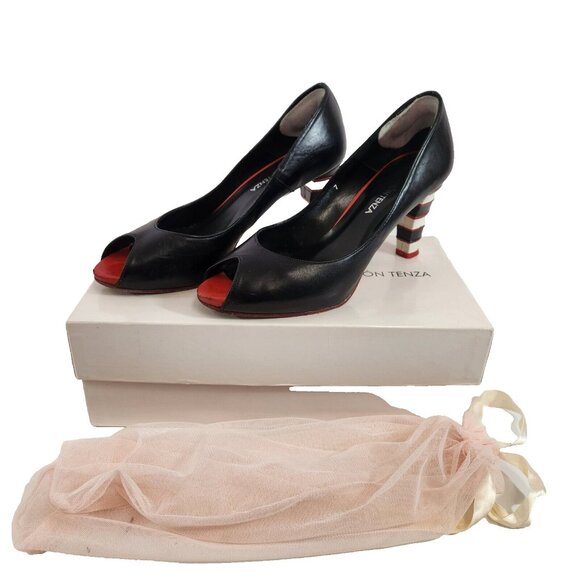 Ramon Tenza Galia Open Toe Black Heels Women 7M Striped Spain with Box Shoe Bag - Picture 1 of 13